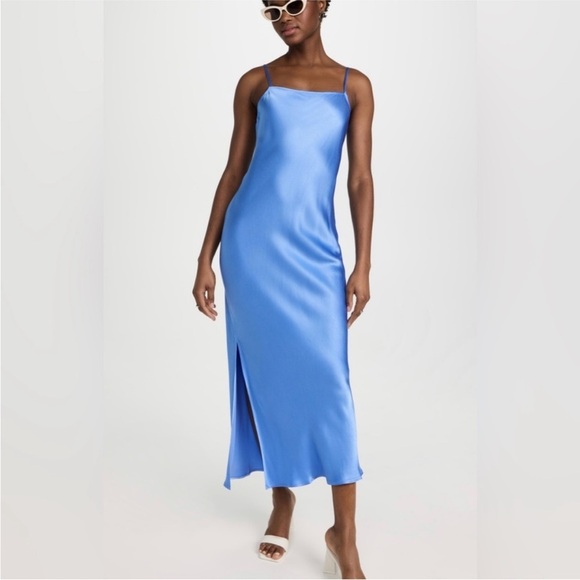 Pistola Mari Satin Midi Slip Dress Lagoon Blue Minimalist 90s Inspired Slit XS - Picture 2 of 9